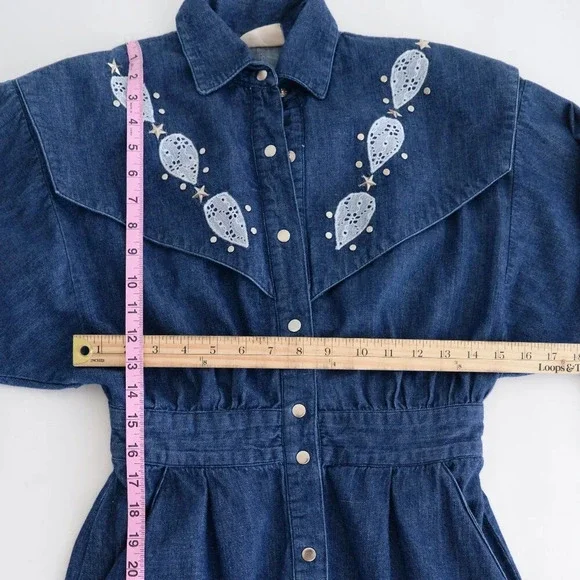 Vintage Tobi Dark Wash Button Up Western Cowgirl Denim Stud Midi Dress M - Picture 5 of 12